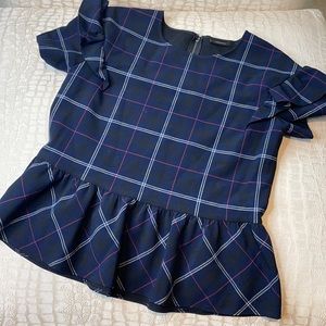 Halogen Navy Checkered Ruffled Top